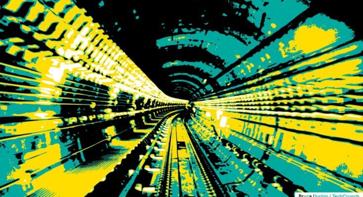 an illustration of an underground tunnel using mostly green, yellow and black