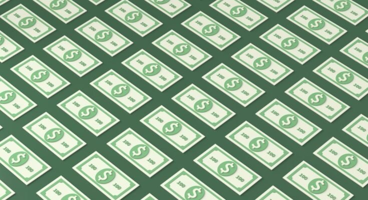 An illustration of patterned 100 dollar bills on a green background