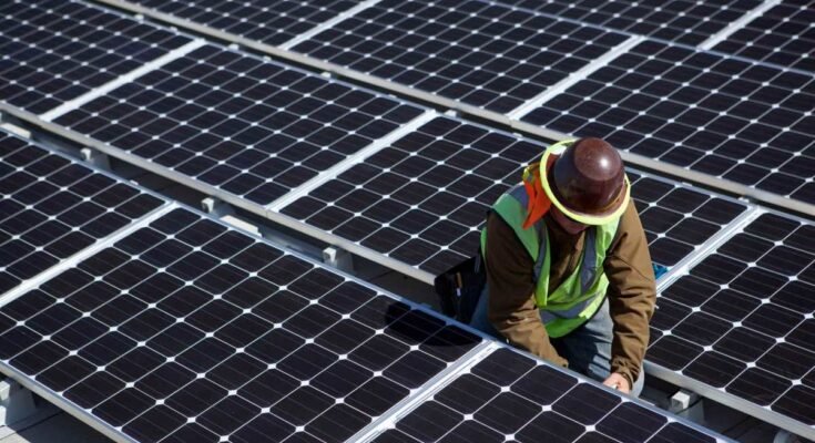 A man inspects solar panels.