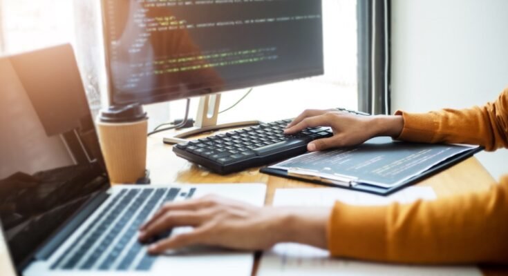 Software engineers programmer development coding a solution data.