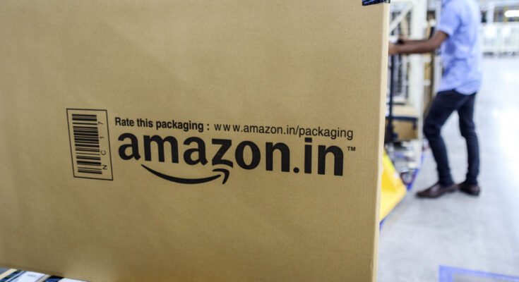 A package sits ready for shipment at the Amazon.com Inc. fulfillment center in Hyderabad, India