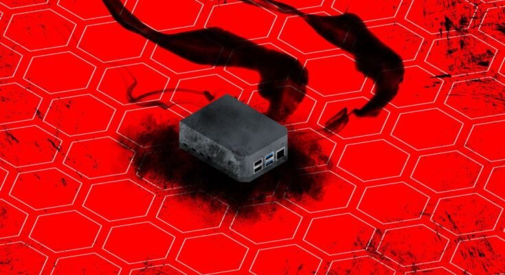 An illustration of a burned out router or firewall, indicating a breach.