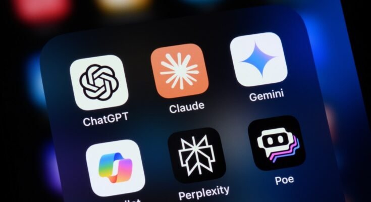 Popular AI virtual assistant apps on an Apple iPhone: ChatGPT, Claude, Gemini, Copilot, Perplexity, and Poe.