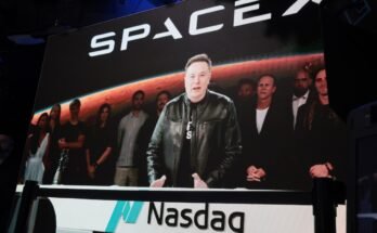 Elon Musk, founder and CEO of SpaceX, speaks via video before the ringing of opening bell at the Nasdaq Marketsite at the launch of the company's initial public offering (IPO) on June 12, 2026