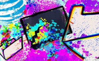 A render of a data breach with computer folders over blue, green and purple spilling data squares.