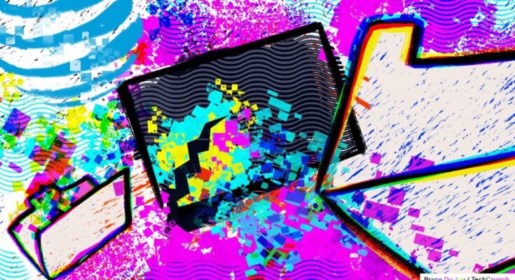 A render of a data breach with computer folders over blue, green and purple spilling data squares.