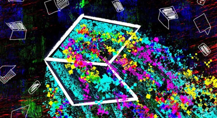 an illustration of data spilling out of a laptop screen surrounded by patterns of laptops and other devices on a darkened background