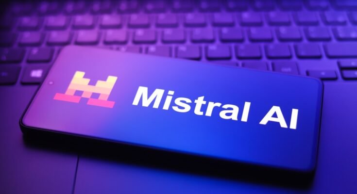 The Mistral AI logo appears on a smartphone screen in this photo illustration