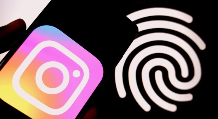 In this photo illustration, an Instagram logo is seen displayed on a smartphone with a Passkey Finger scanner.
