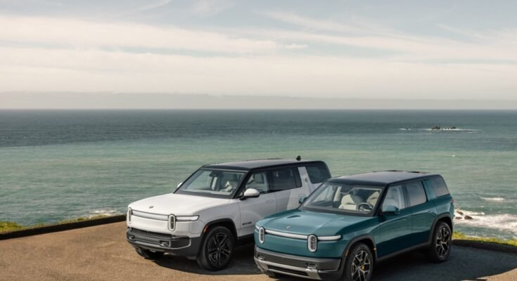 Two Rivian EVs parked by the ocean