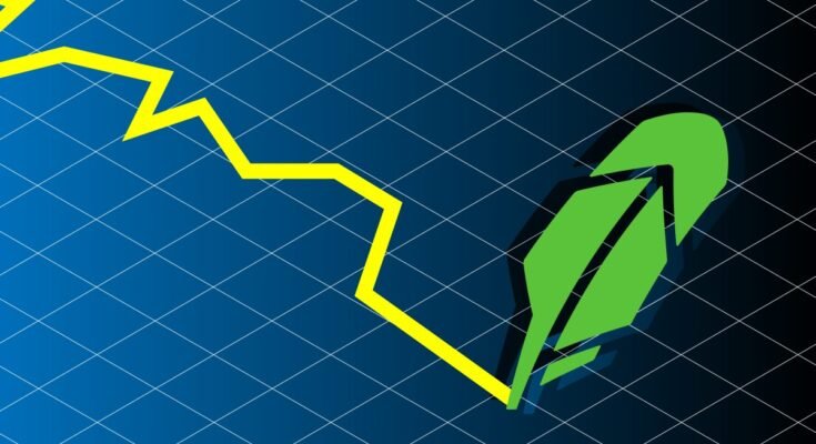 jagged line written by Robinhood quill logo on graph background