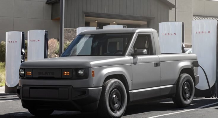 Slate Auto's Blank Slate truck charging at a Tesla Supercharger