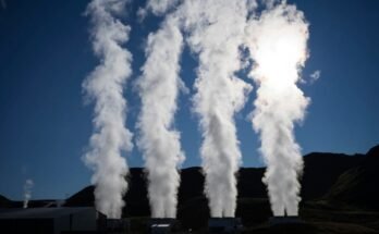 Steam rises from a geothermal power plant in Iceland.