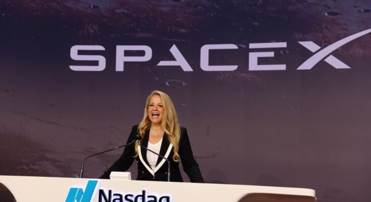 Gwynne Shotwell, president of Space Exploration Technologies Corp. (SpaceX), during the company's initial public offering (IPO) at the Nasdaq MarketSite in New York
